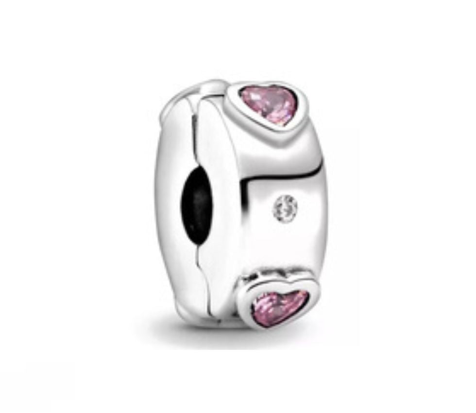 Clip Corazones Brillantes Rosa en Plata S925